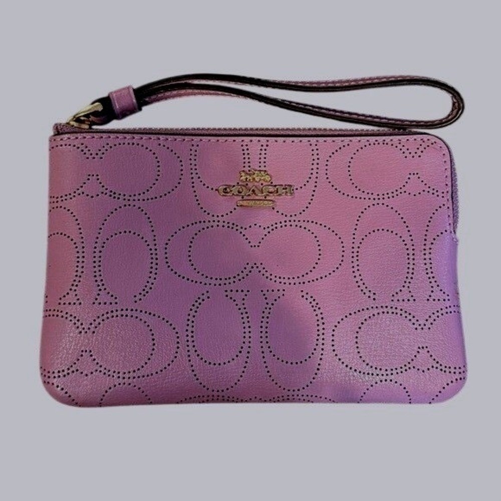 Coach Purple Perforated Signature C Leather Wristlet Gold Hardware Zip Pouch